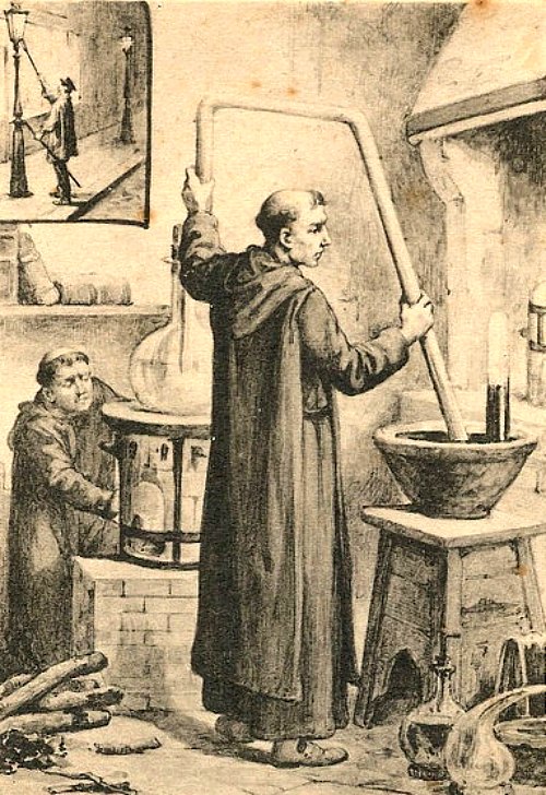 Edme Mariotte découvre la loi sur la compressibilité des gaz (appelée depuis Loi de Mariotte). Lithographie du XIXe siècle appartenant à la série Principales découvertes de l'Église