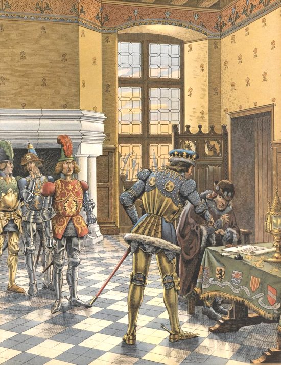 Louis XI, prisonnier de Charles le Téméraire à Peronne, est forcé de signer un traité humiliant en octobre 1468. Lithographie couleur d'après une aquarelle de Jacques Onfroy de Bréville dit Job parue dans Louis XI de Job et G. Montorgueil (1905)