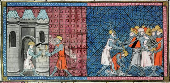 Louis VII et Conrad III. Enluminure extraite des Grandes Chroniques de France (XIVe siècle)