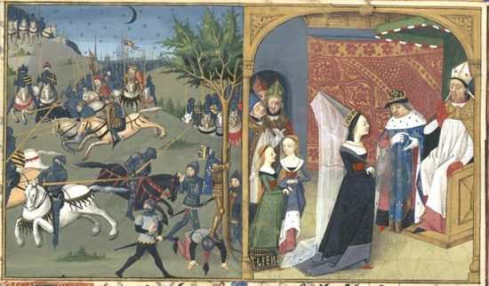 Bataille entre Louis VII et les Turcs (1147/1148), et répudiation d'Aliénor d'Aquitaine. Enluminure extraite des Chroniques de France (XIVe siècle)