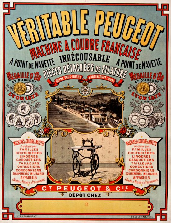 Véritable Peugeot, machine à coudre française. Réclame de 1878