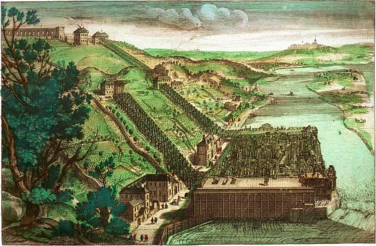 La machine de Marly construite sur un bras de la Seine. Estampe réalisée vers 1690 et vendue À La Belle Image, chez N. de Poilly, rue Saint-Jacques à Paris. Collection du Château de Modave