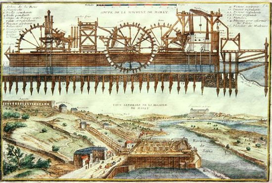 Coupe de la machine de Marly à l'endroit de la prise d'eau dans la Seine, et vue aérienne