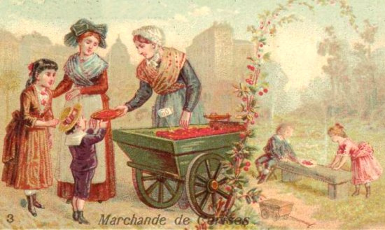 Marchande de cerises. Chromolithographie du début du XXe siècle Marchande de cerises. Chromolithographie du début du XXe siècle