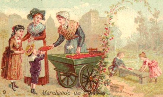 Marchande de cerises. Chromolithographie du début du XXe siècle