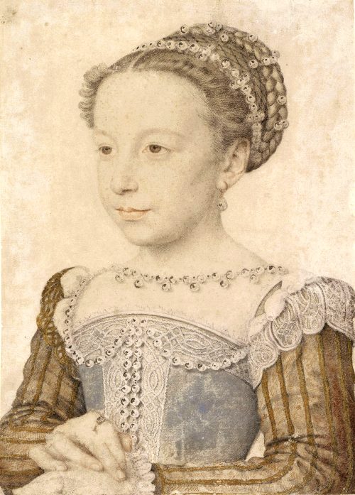 Marguerite de Valois, fille de Henri II, soeur de Charles IX et femme du futur Henri IV. Dessin de François Clouet (1559)