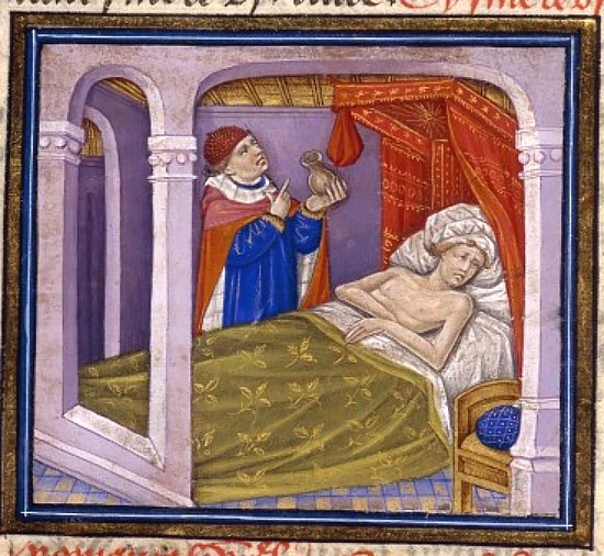 Médecin et malade au XIIIe siècle. Illustration extraite de l'édition française du XVe siècle enluminée du De proprietatibus rerum de Barthélemy l'Anglais (vers 1240)