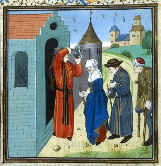 Médecin et malades au XIIIe siècle. Illustration extraite de l'édition française du XVe siècle enluminée du De proprietatibus rerum de Barthélemy l'Anglais (vers 1240)