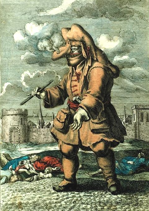 Portrait véritable d'un médecin à Marseille, étant revêtu du marroquin et d'un étui de nez, rempli des parfums contre la peste, de même que portant à la main un petit bâton pour en tâter le pouls aux malades. Gravure (colorisée) de 1720 parue dans Les Gardes-malades congréganistes, mercenaires, amateurs, professionnelles (1901)