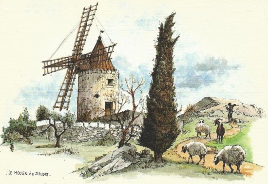 Le moulin de Daudet. Aquarelle originale de Robert Lepine