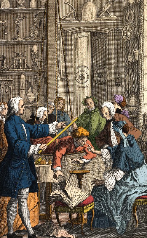 L'abbé Nollet se livrant à une expérience sur l'électricité du corps humain (1746). Gravure (colorisée) de Brunet d'après Blaise-Nicolas Le Sueur (1716-1783)