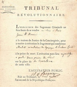 Ordre d'exécution signé par Fouquier-Tinville