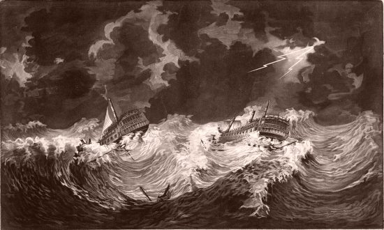 Les vaisseaux anglais Hector et Bristol en détresse le 6 octobre 1780. Gravure de William Elliott