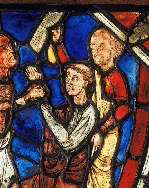 Pacte du diacre Théophile avec le diable (détail du vitrail de Gercy)