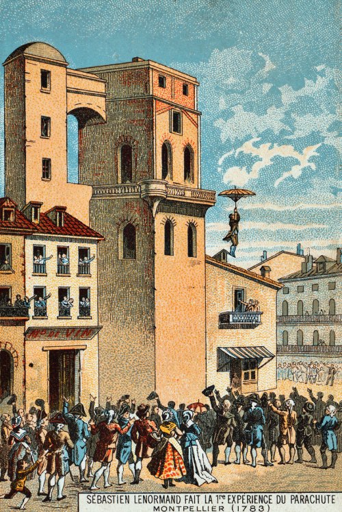 Expérience du parachute faite par Louis-Sébastien Lenormand, du haut de l'Observatoire de Montpellier, le 26 décembre 1783