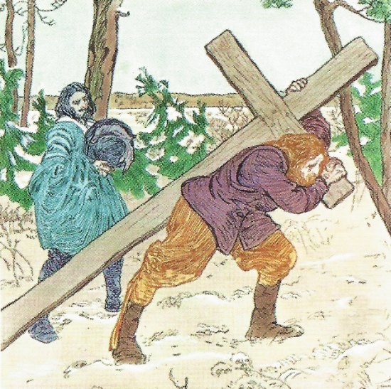 Paul de Chomedey transportant la croix qu'il dresse sur le lieu d'implantation de Ville-Marie le 18 mai 1642. Illustration réalisée à l'occasion de l'émission, le 21 février 1972, d'un timbre de la série Personnages célèbres