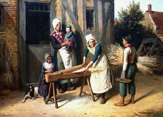 Paysans préparant le chanvre. Peinture de Pierre Duval le Camus (1790-1854)