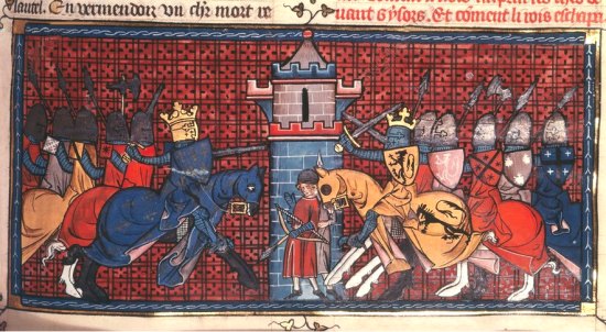 Affrontement entre Richard Coeur de Lion et Philippe Auguste à Gisors, en 1198. Enluminure extraite des Chroniques de Saint-Denis (1325)