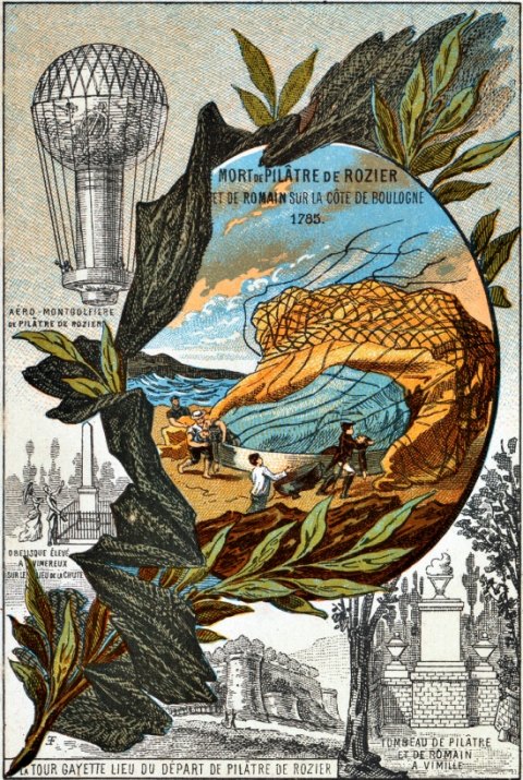Carte postale commémorative de la mort de Pilâtre de Rozier et de Pierre Romain