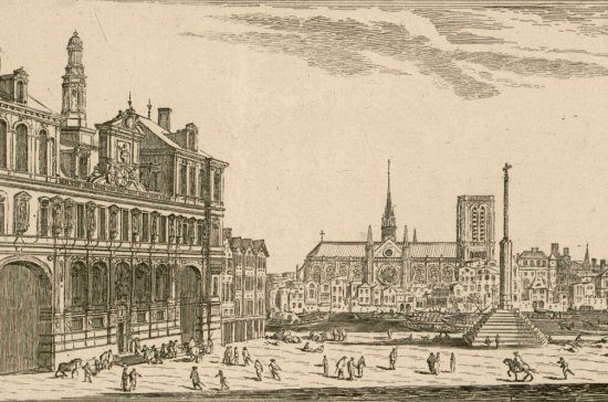 Vue de l'Hôtel de Ville de Paris et de la place de Grève au XVIIe siècle. Détail d'une gravure d'Israël Silvestre (1621-1691)