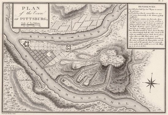 Plan réalisé en 1796 de Pittsburgh (Pennsylvanie), ville située à la confluence des rivières Allegheny et Monongahela qui se rejoignent pour former l'Ohio. Carte extraite de Voyage en Amérique du Nord, contenant une étude sur les pays arrosés par le Mississippi, l'Ohio, le Missouri et d'autres affluents, par Victor Collot et Joseph Warin