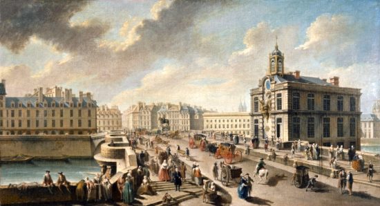 Le Pont-Neuf et la pompe de la Samaritaine, vus du quai de la Mégisserie, par Jean-Baptiste Raguenet (1777)