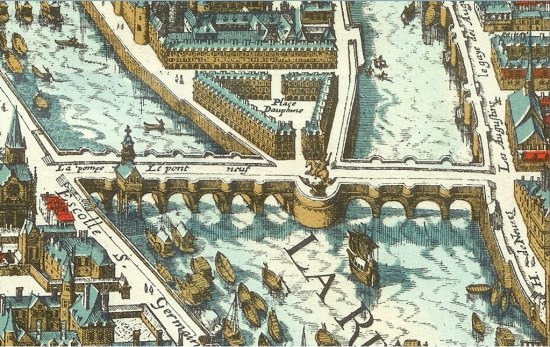 Plan de Matthäus Merian montrant une vue aérienne du Pont-Neuf en 1615