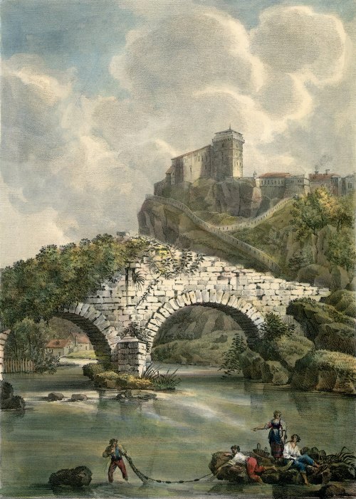 Le Pont-Vieux au début du XIXe siècle, alors unique passage sur le Gave de Pau pour aller de Lourdes à la grotte de Massabielle