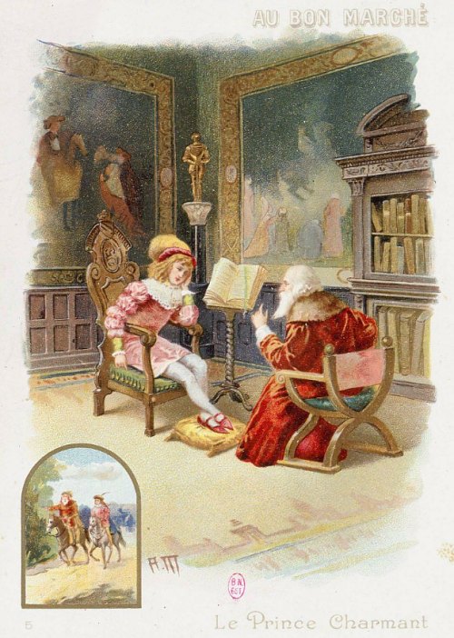Carte publicitaire illustrée d'une scène extraite du Prince Charmant de Mme Leprince de Beaumont