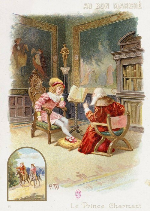 Carte publicitaire illustrée d'une scène extraite du Prince Charmant de Mme Leprince de Beaumont