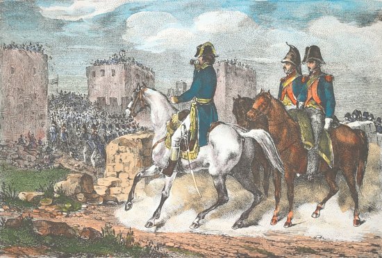 Prise d'Alexandrie par Bonaparte dans la nuit 1er au 2 juillet 1798. Lithographie (coloriée) de 1830