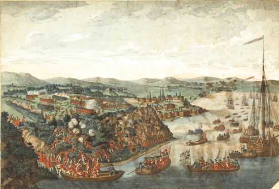 La prise de Québec le 13 septembre 1759 durant la guerre de Sept Ans (victoire britannique décisive). Peinture de Hervey Smyth (1797)