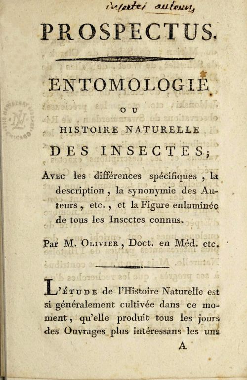 Prospectus de 1789 pour Entomologie ou Histoire naturelle des insectes, de Guillaume-Antoine Olivier