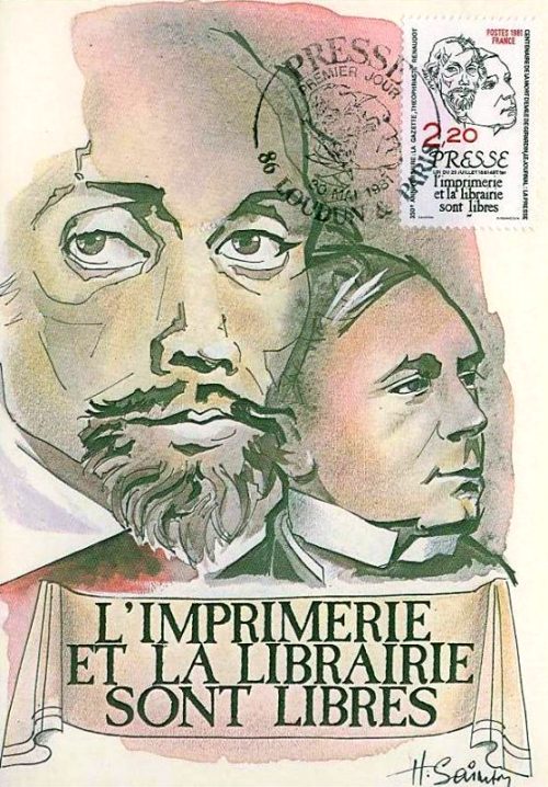 Théophraste Renaudot et Émile de Girardin. Carte maximum avec oblitération premier jour, lors de l'émission, le 1er juin 1981, d'un timbre pour le centenaire des lois sur la liberté de la presse