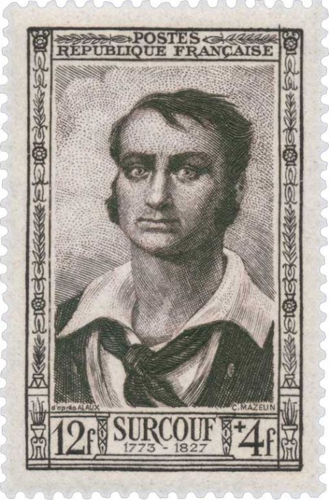 Robert Surcouf. Timbre émis le 4 juin 1951 dans la série Personnages célèbres de la première moitié du XIXe siècle. Dessin de Charles Mazelin