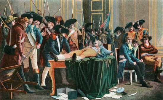 Robespierre blessé attendant son exécution. Chromolithographie de la fin du XIXe siècle
