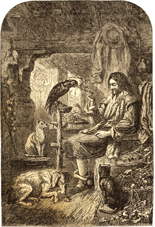 Robinson Crusoé, roi de l'île dînant avec toute sa cour