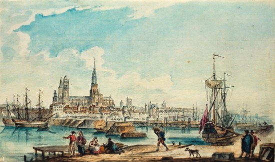 Vue de la ville, du port et de la cathédrale de Rouen prise de l'autre côté de la rivière. Dessin du XVIIIe siècle de Jean-Baptiste Lallemand