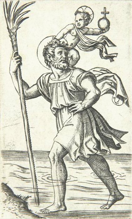 Saint Christophe, par le graveur bolonais Marc Antoine Raimondi (vers 1480 - vers 1530)