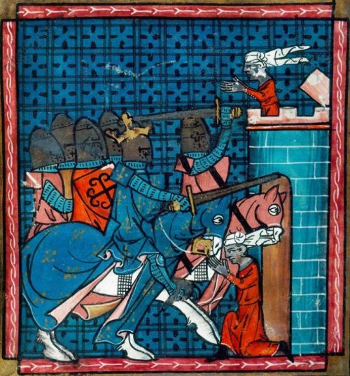 Prise de Saint-Jean d'Acre en 1191. Enluminure extraite des Grandes Chroniques de France (1335)
