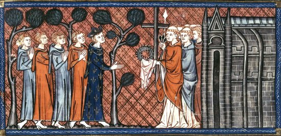 Le roi saint Louis recevant la Sainte Couronne, la Sainte Croix, la Sainte Lance et d'autres reliques. Enluminure extraite de la version révisée des Grandes Chroniques de France destinée au duc de Normandie (1332-1350) et futur roi de France (1350-1364) Jean II le Bon