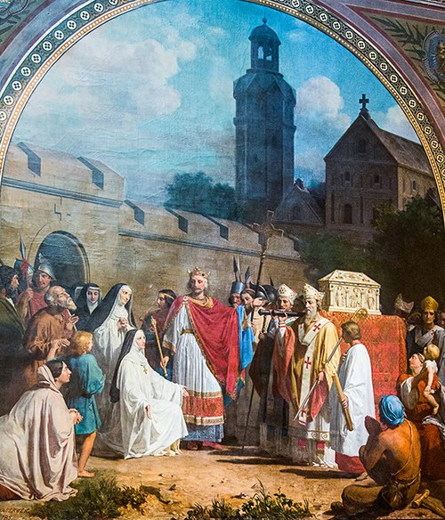 Translation de la Sainte Tunique, donnée en 803 par Charlemagne à sa fille Théodrade au monastère d'Argenteuil. Peinture de Friedrich Bouterwek (1851)