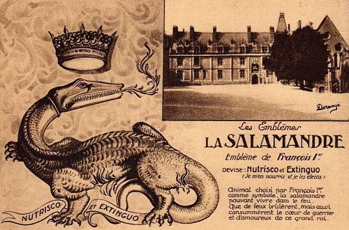 La salamandre, emblème de François Ier et sa devise : Je m'en nourris et je les éteins