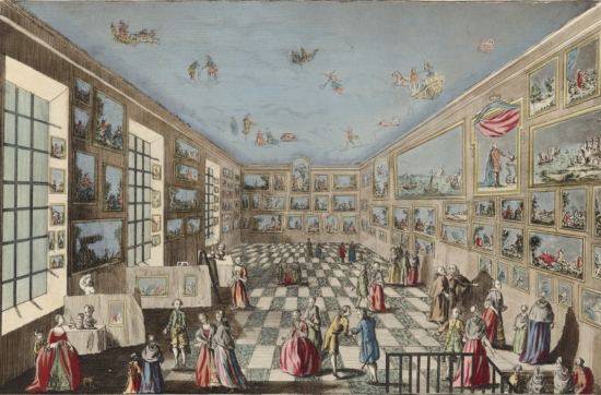 Vue perspective du salon de l'Académie royale de peinture et de sculpture au Louvre. L'exposition de l'Académie s'y tient régulièrement à partir de l'année 1737