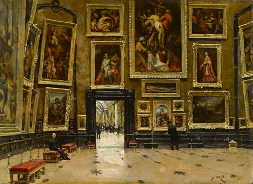 Vue du Salon Carré au Louvre, vers 1880. Peinture d'Alexandre Brun