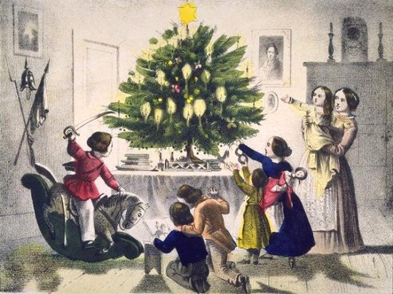 Enfants jouant avec leurs cadeaux et sapin au XIXe siècle