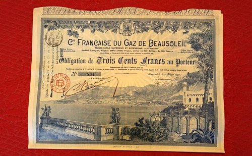 Titre de la Compagnie Française du Gaz de Beausoleil