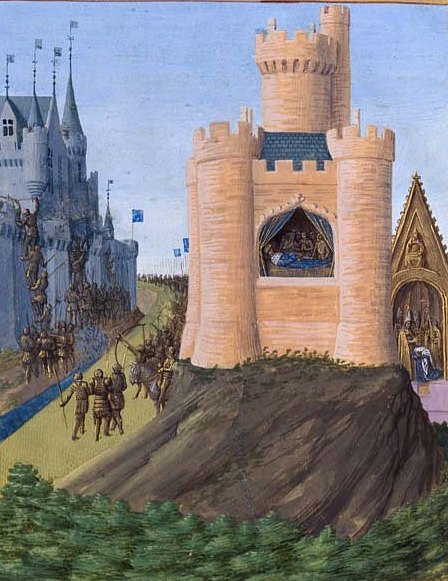 Miniature de Jean Fouquet (XVe siècle) montrant l'assaut des remparts d'Avignon (gauche), la mort de Louis VIII (centre) et le couronnement de son successeur Saint-Louis (droite)