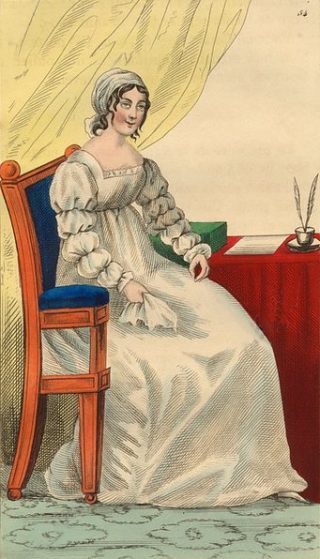 Gravure (colorisée) réalisée vers 1845 extraite d'une série sur les costumes et uniformes du temps du Directoire