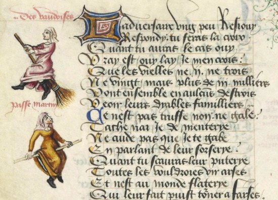Sorcières chevauchant un balai. Miniature du Champion des dames de Martin Le Franc (1451) Sorcières chevauchant un balai. Miniature du Champion des dames de Martin Le Franc (1451)